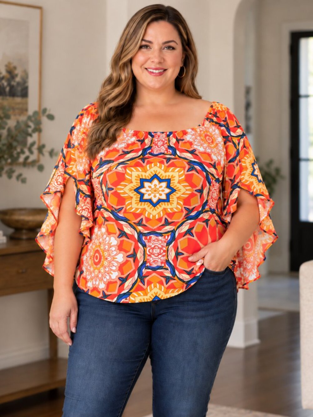 SHEIN Curve 2X Orange Mandala Blouse Ruffle Flutter Sleeve Boho Plus Size